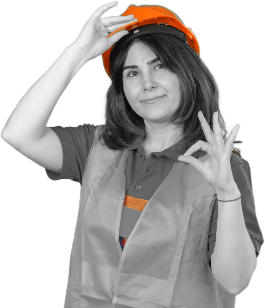 woman engineer construction vest safety helmet looking confident making greeting gesture touching helmet doing ok sign isolated orange wall